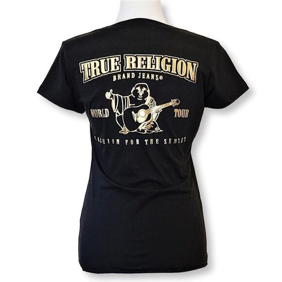 NWT True Religion Womens Gold Metallic Buddha  Logo Graphic Print Cotton T-Shirt - Picture 2 of 5